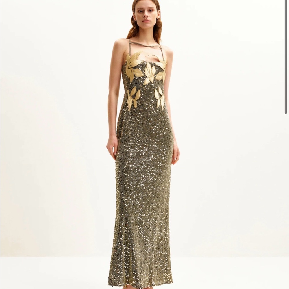 JW PEI Olive Green Sequin Maxi Dress with Gold Floral Appliqué